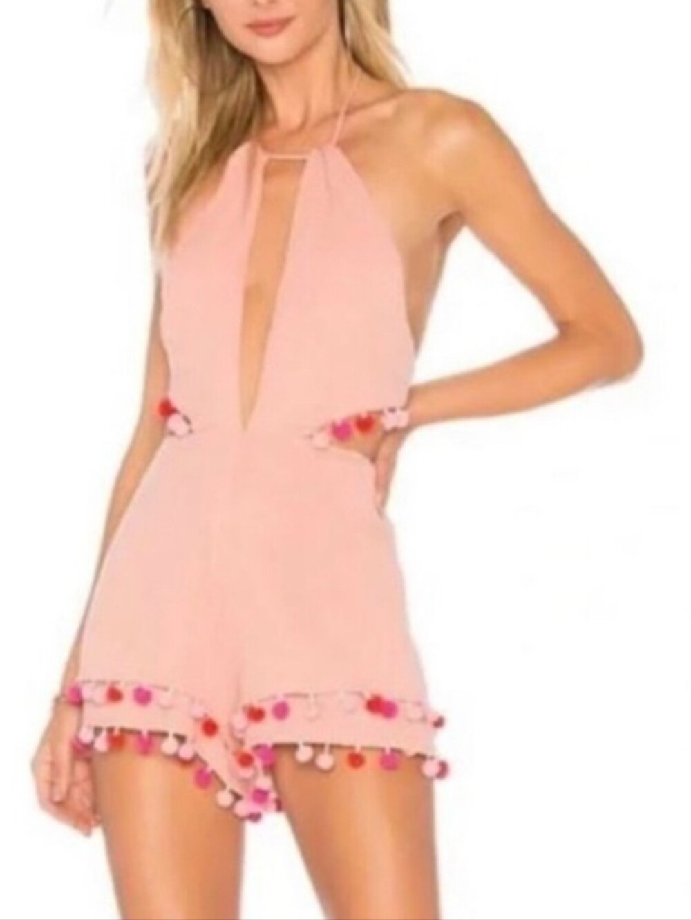 MAJORELLE Blush Pink Pom-Pom Trim Halter Romper